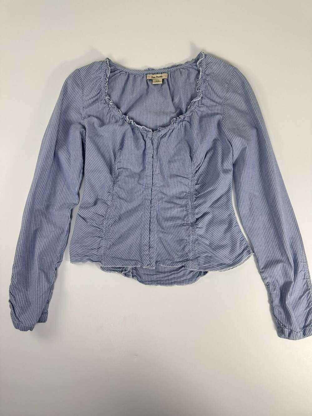 Free People Blue and White Pinstripe Long Sleeve Ruched Top Size M Coquette Boho